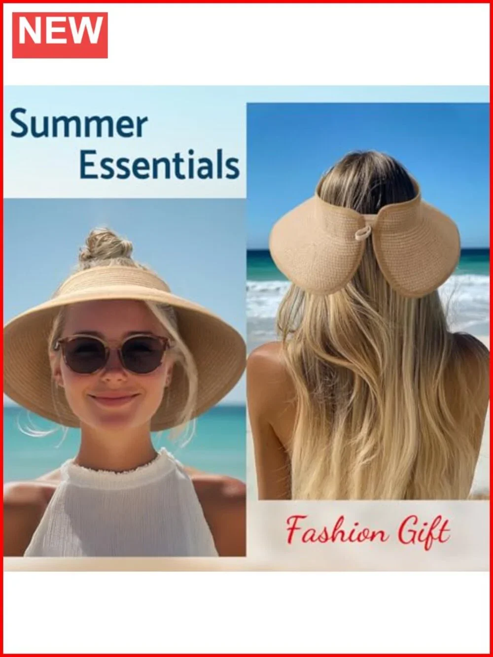 NPJY Women's Wide Brim Sun Hat Packable Roll-Up Straw Visor Open Top UV